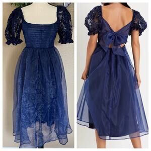 NWOT Lulus Significant Splendor Navy Organza Pleated Puff Sleeve Midi Dr…